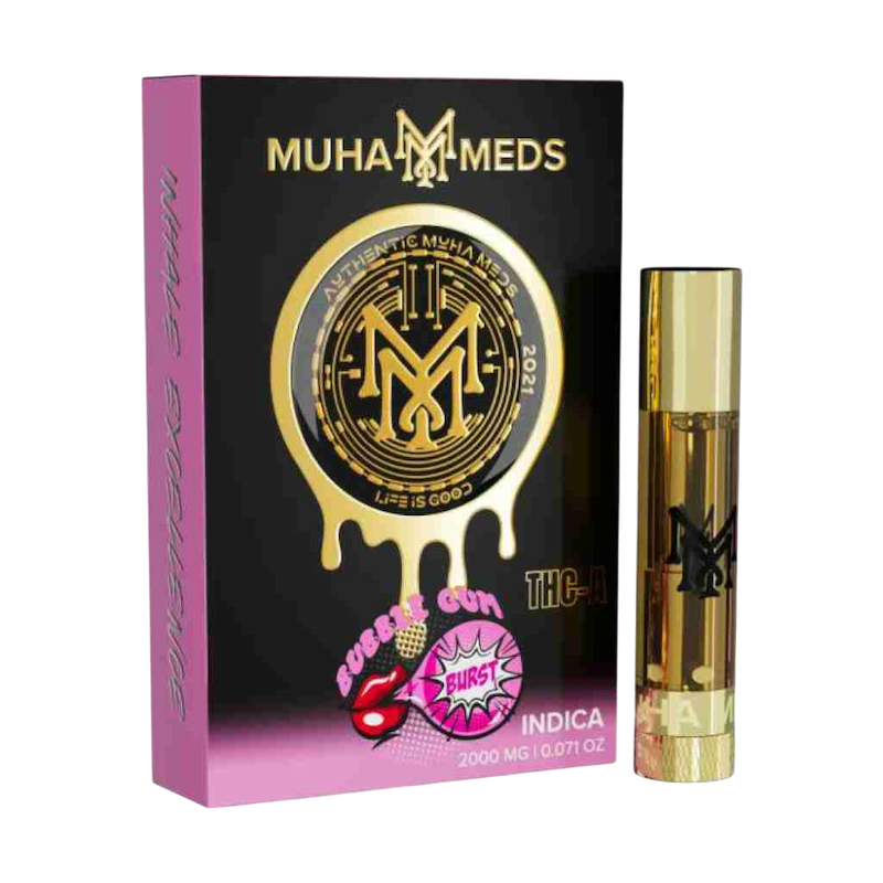Cartucho THC-A 2000 mg Bubble Gum Burst de Muha Meds — índica sabor chicle de fresa